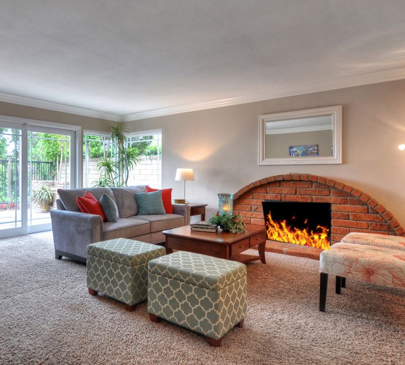 staged living room with fire place